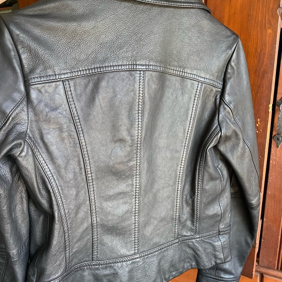 AllSaints black leather jacket. Fully lined, front zip, buckle and snap details. - Picture 8 of 11